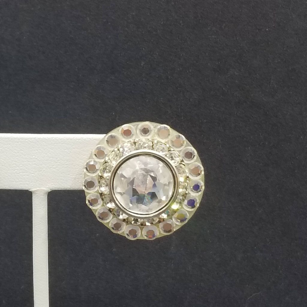 Vintage Clip on Earrings Silver tone Faceted Crystal Button Style Stud 1 1/8"