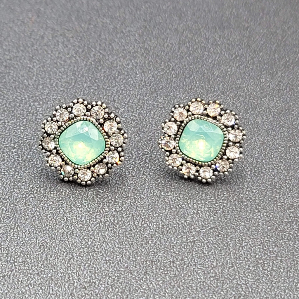 Pierced Earrings Ice Blue Green Clear Rhinestone Studs 5/8"