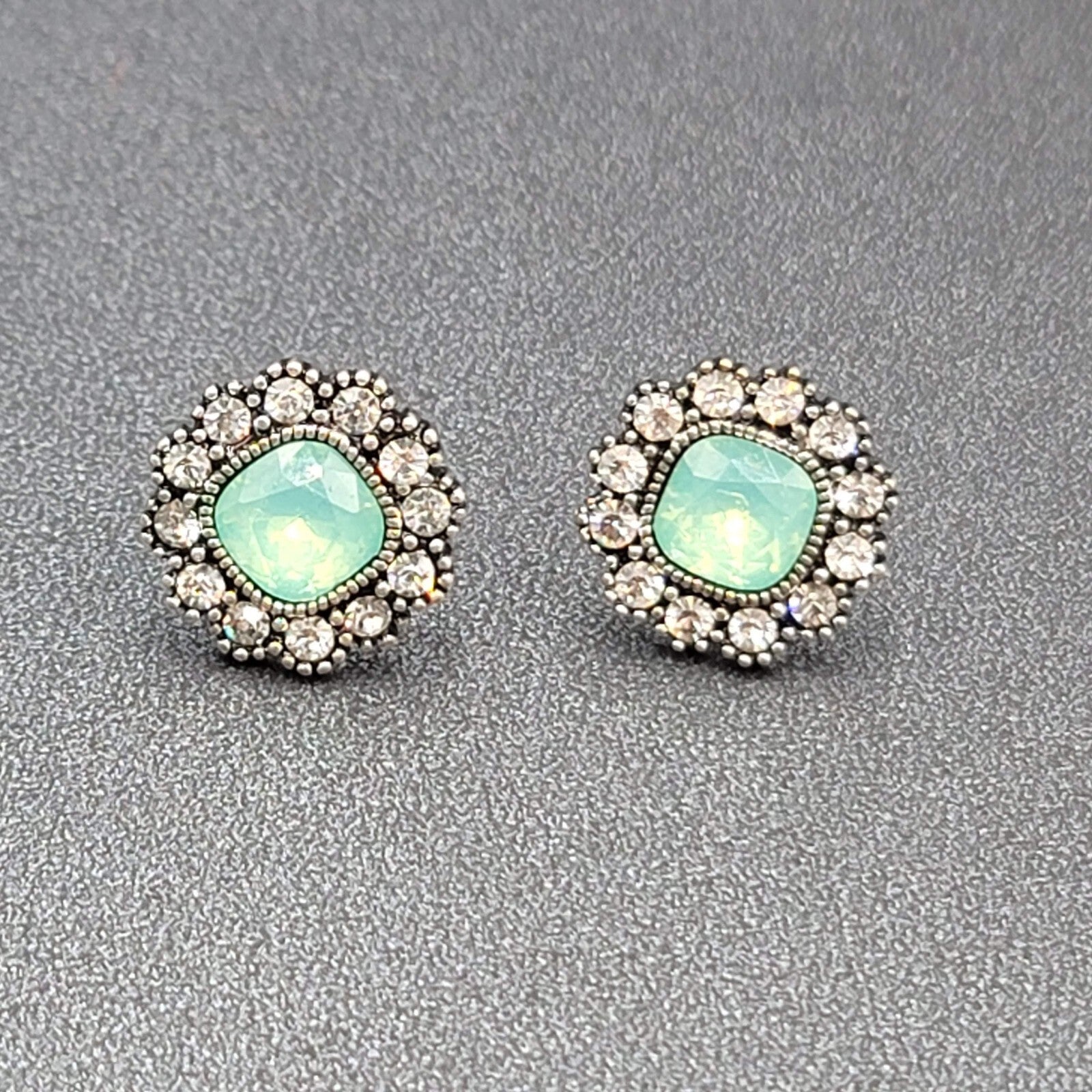 Pierced Earrings Ice Blue Green Clear Rhinestone Studs 5/8"