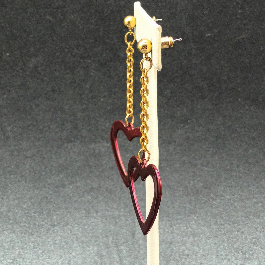 Pierced Earrings Gold tone Chain Sparkle Red Enamel Open Heart 2 1/2"