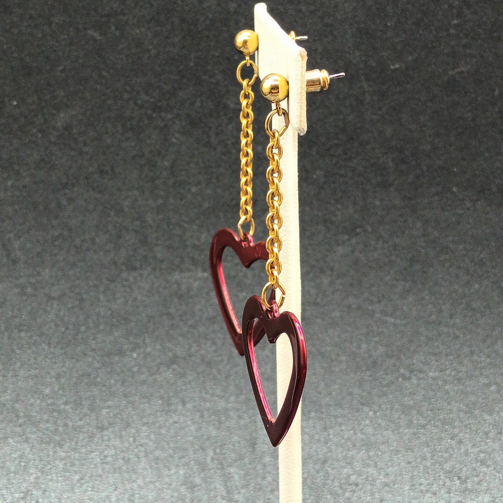 Pierced Earrings Gold tone Chain Sparkle Red Enamel Open Heart 2 1/2"