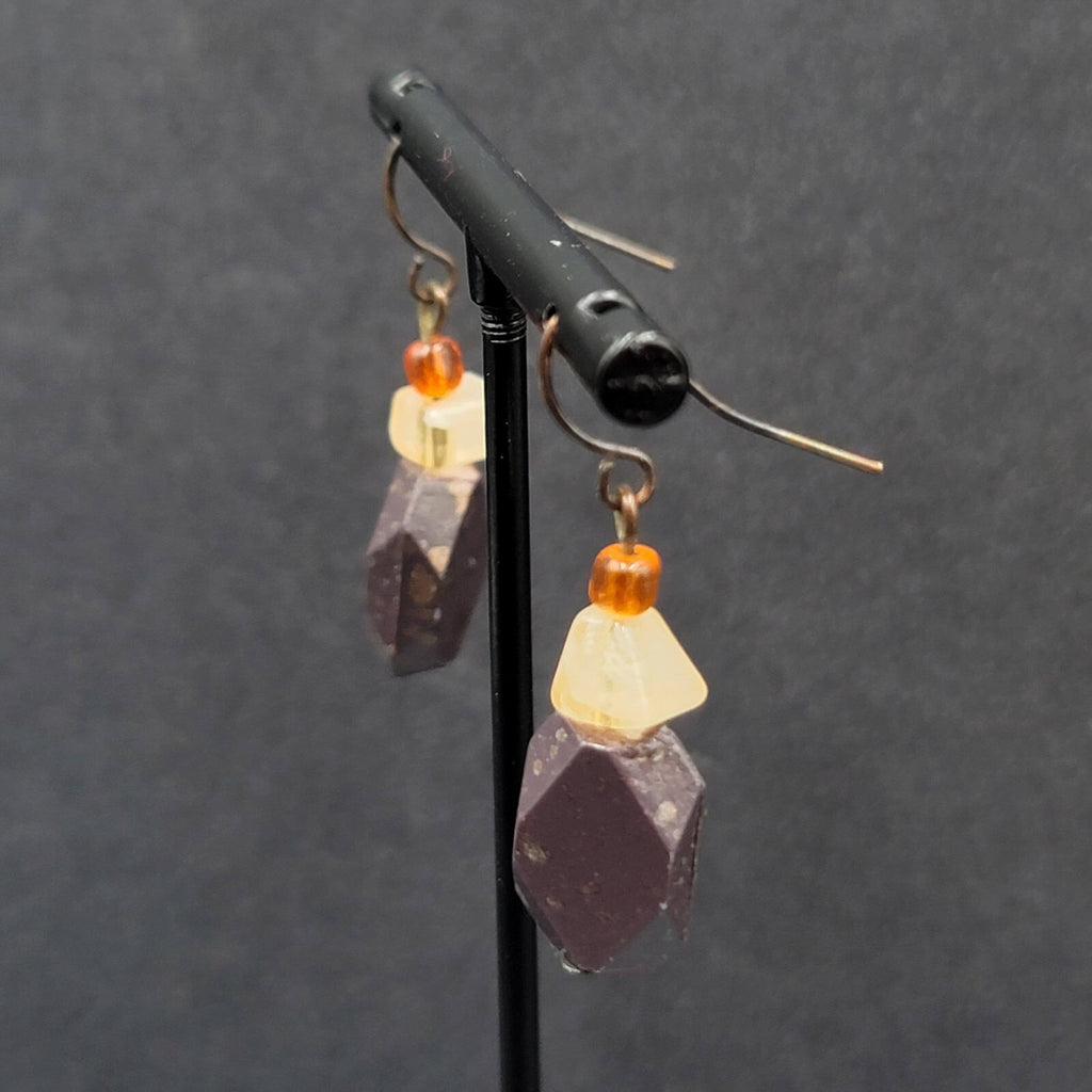 Pierced Earrings Bronze tone Acrylic Beads Natural Fall tones 1 1/8"