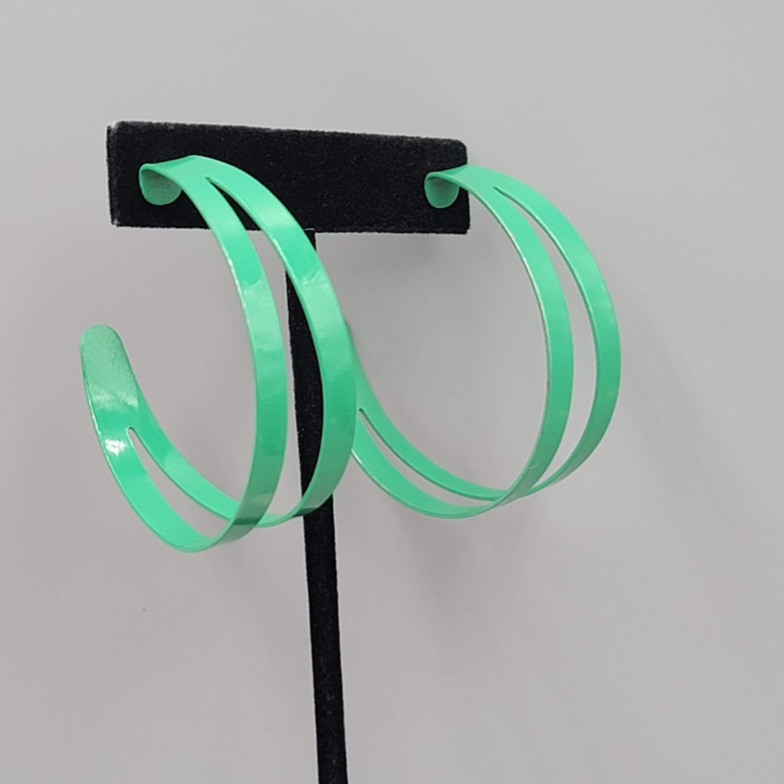 Green Enamel Hoops Hoop Pierced Earrings Large Statement Double 2"