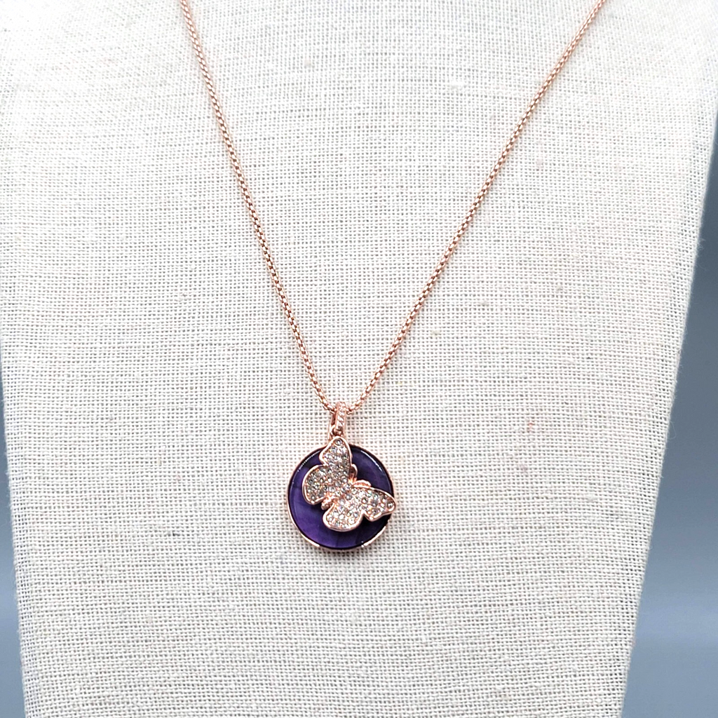 LA CN Rose Goldtone Necklace Purple Glass Crystal FEARLESS Butterfly Pendant 18"