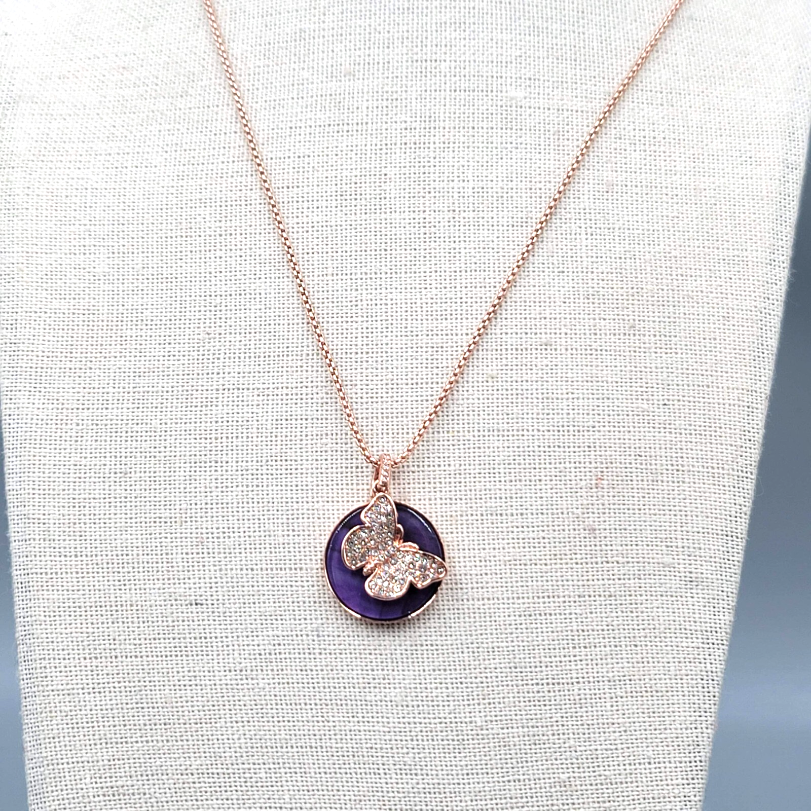 LA CN Rose Goldtone Necklace Purple Glass Crystal FEARLESS Butterfly Pendant 18"