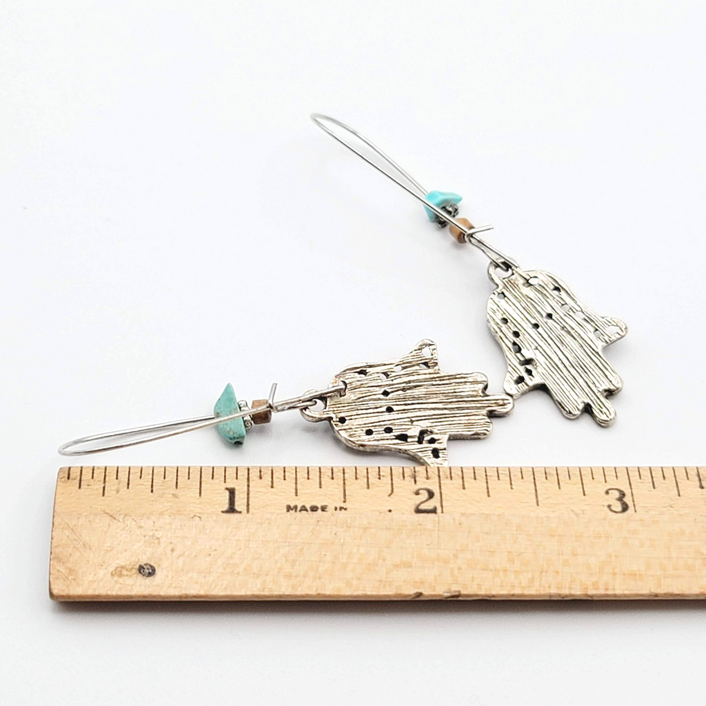 Hamsa Hand Boho Bead Pierced Earrings Silver tone Dangle  2.5 in