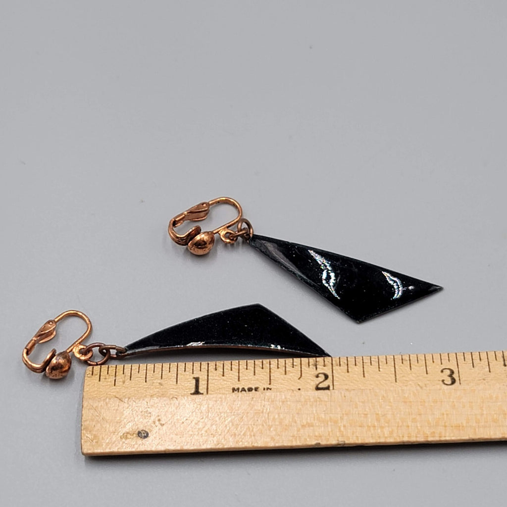 Vintage Clip on Earrings Copper Dark Blue Enamel Dangle 2"