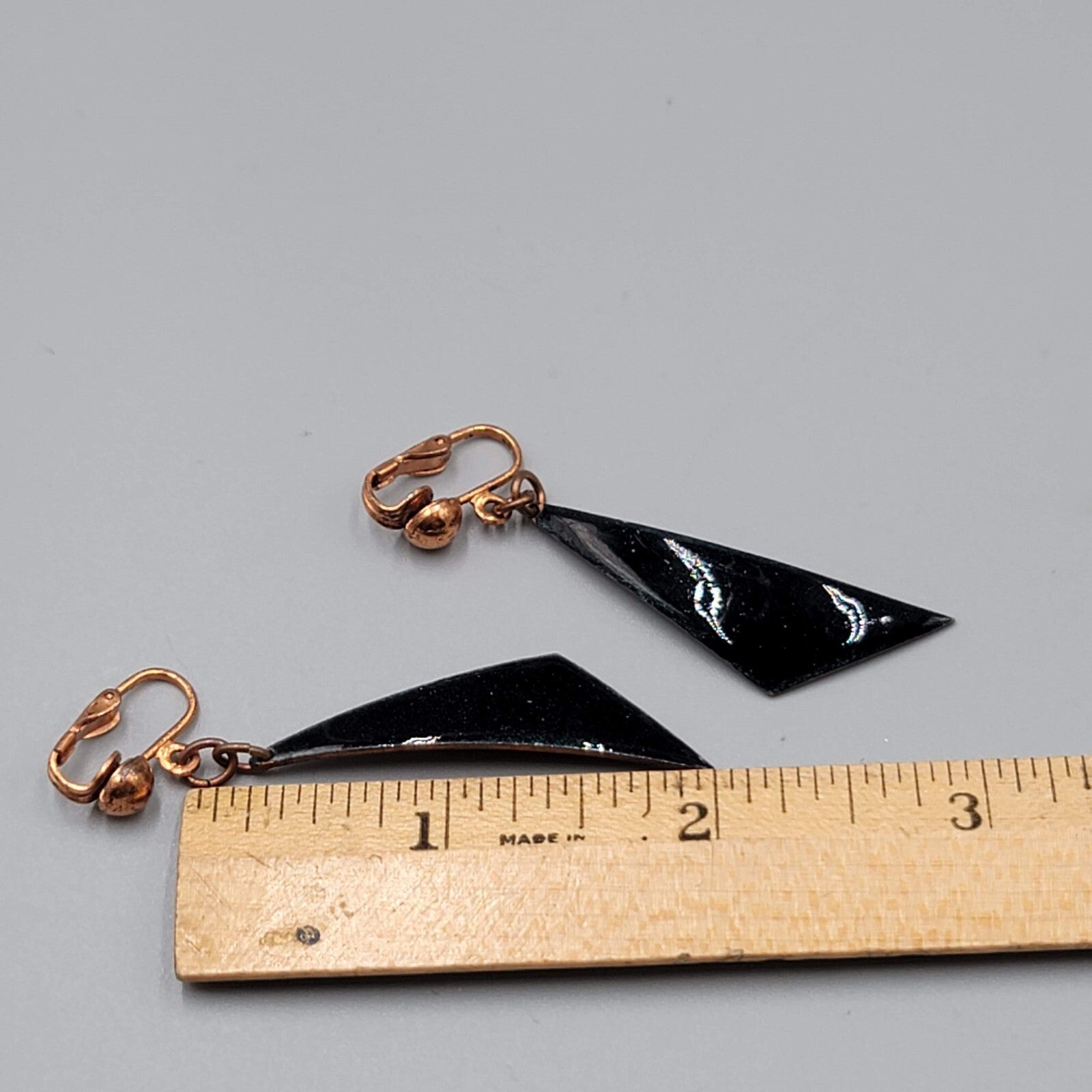Vintage Clip on Earrings Copper Dark Blue Enamel Dangle 2"