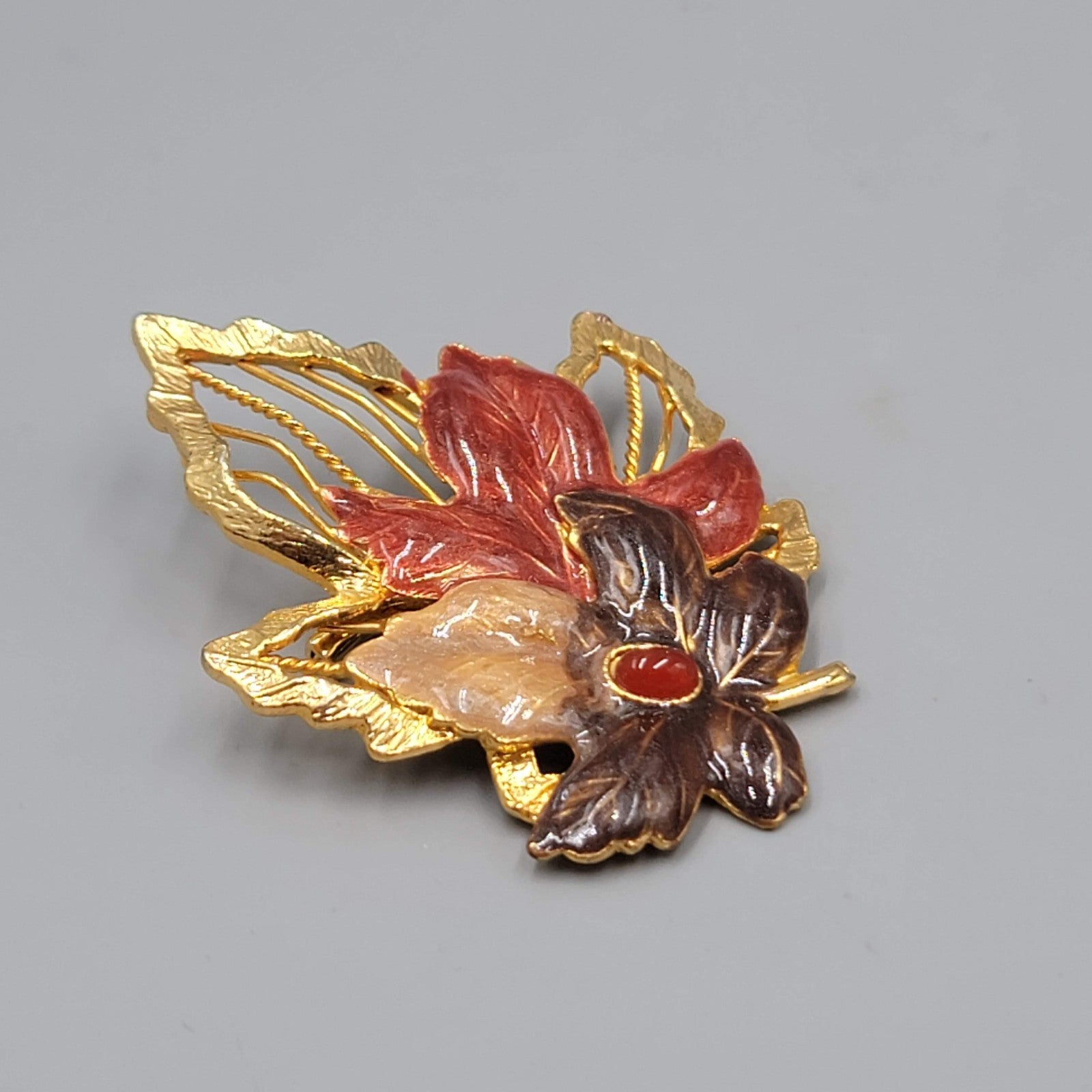 Vintage Kenneth Cole Autumn Leaf Enamel Brooch Gold tone 2.5"