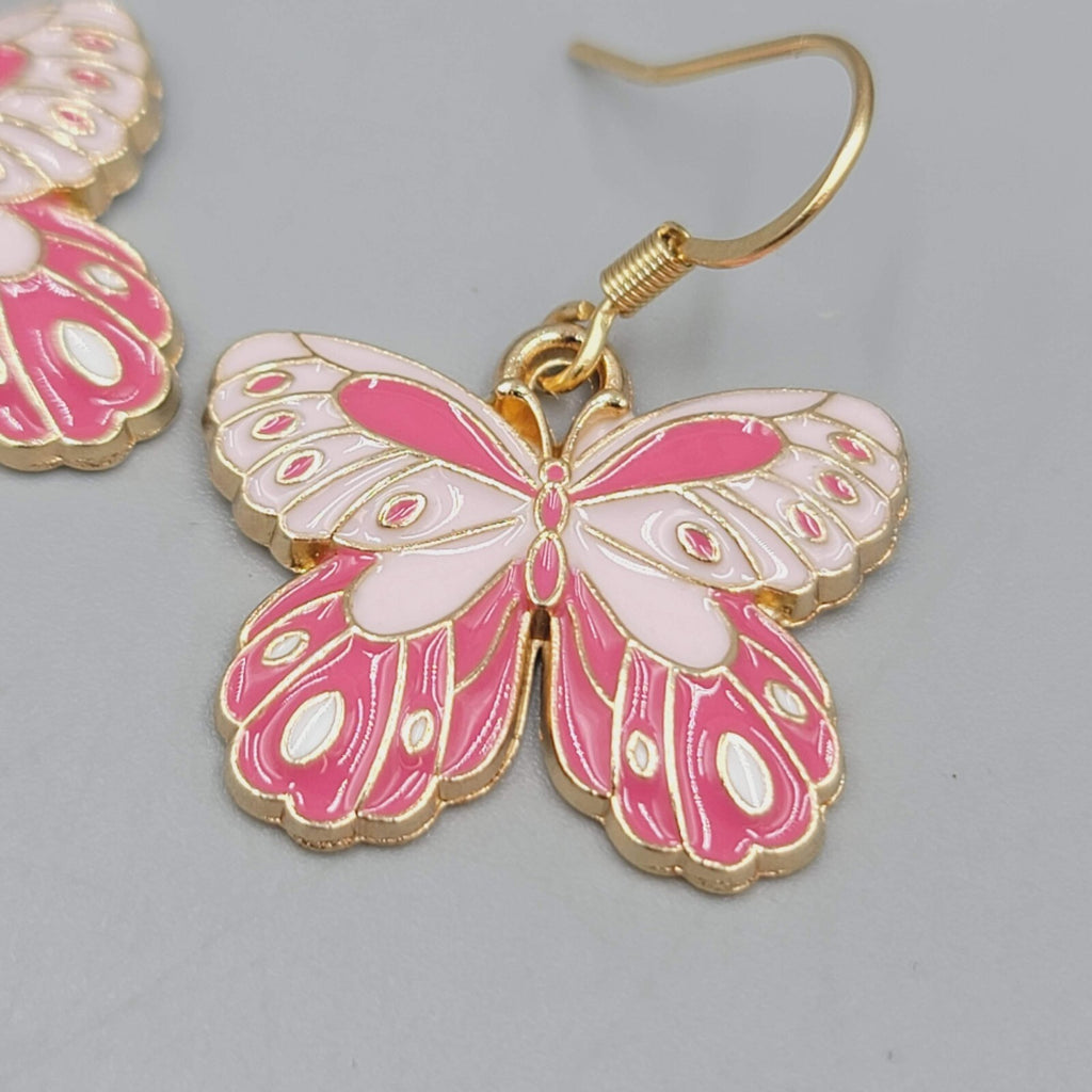 Moth Pink Enamel Pierced Earrings Gold tone Dangle Butterfly 3/4"