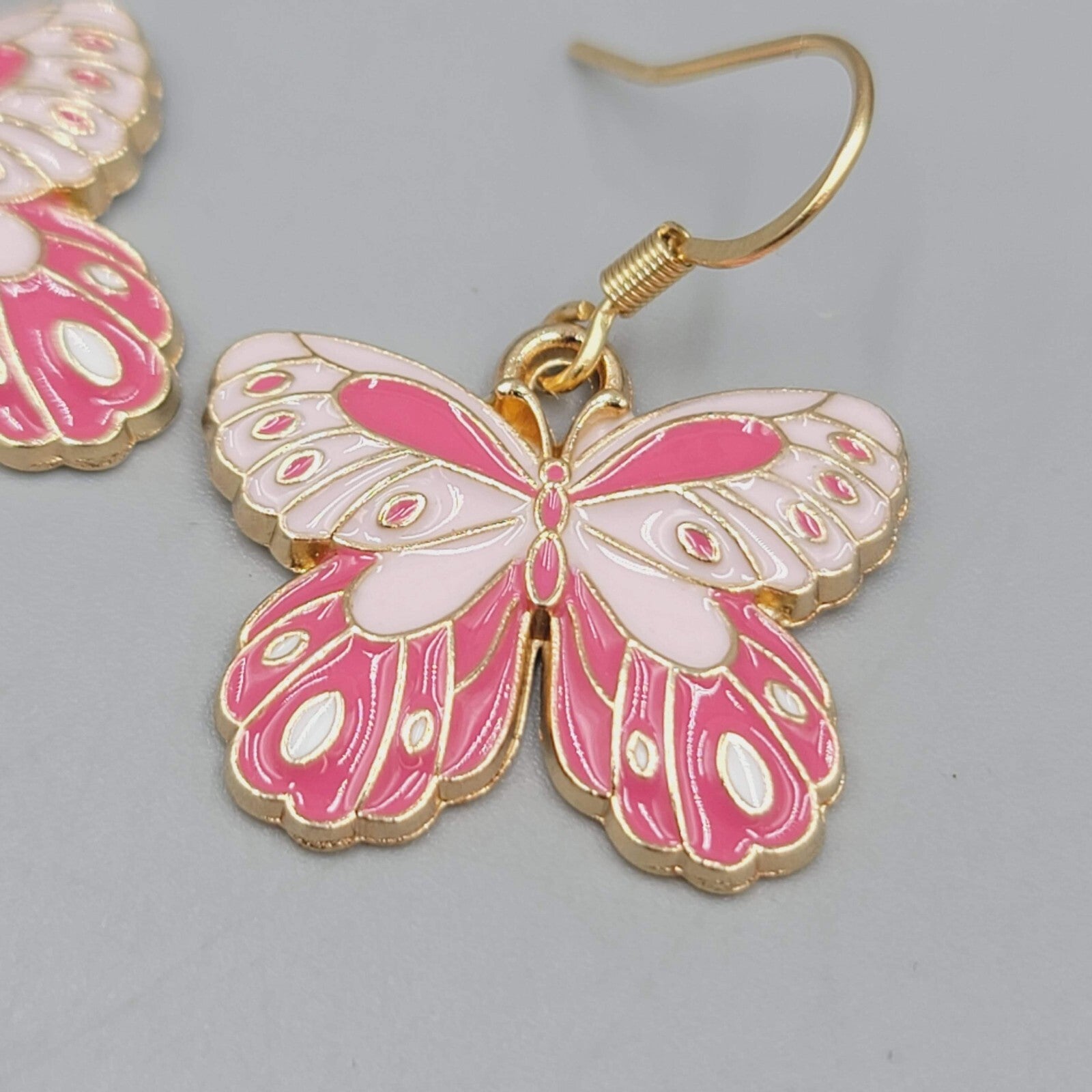 Moth Pink Enamel Pierced Earrings Gold tone Dangle Butterfly 3/4"