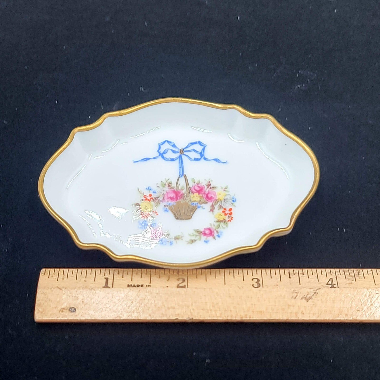 Trinket Pin Tray Giraud Limoges France Flower Basket Bow Hand painted Signed