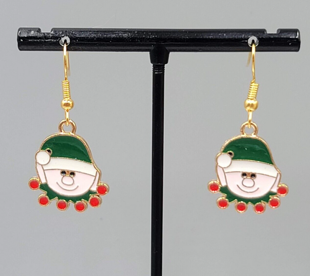Christmas Elf Pierced Earrings Enamel Gold tone Dangle 3/4" New