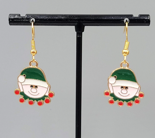 Christmas Elf Pierced Earrings Enamel Gold tone Dangle 3/4" New