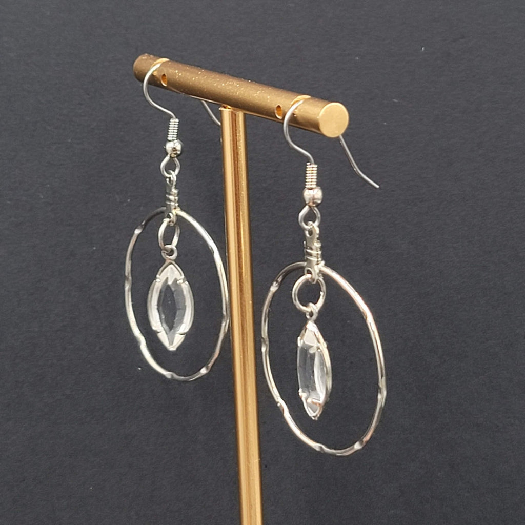 Silver tone Dangle Hoop Pierced Earrings Rhinestone Accent 1.5"