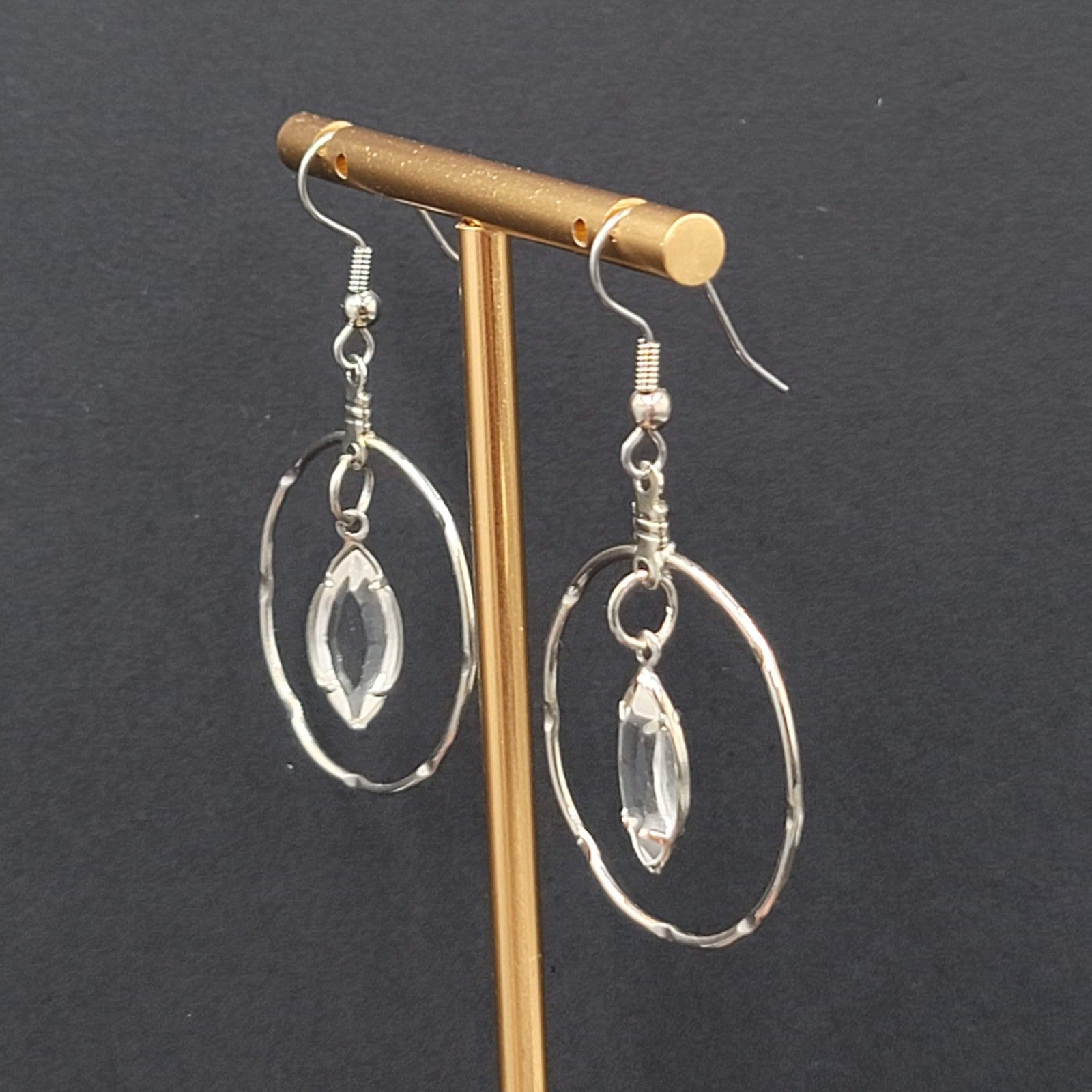 Silver tone Dangle Hoop Pierced Earrings Rhinestone Accent 1.5"
