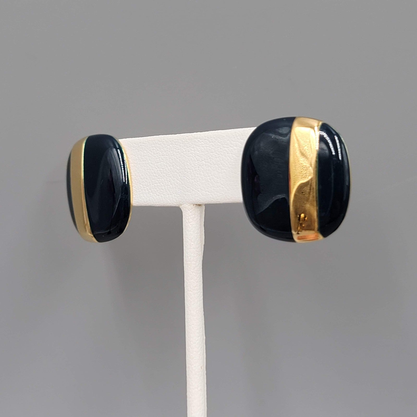 Vintage Monet Pierced Earrings Dark Navy Blue Enamel Gold Plated Square Drop 1"
