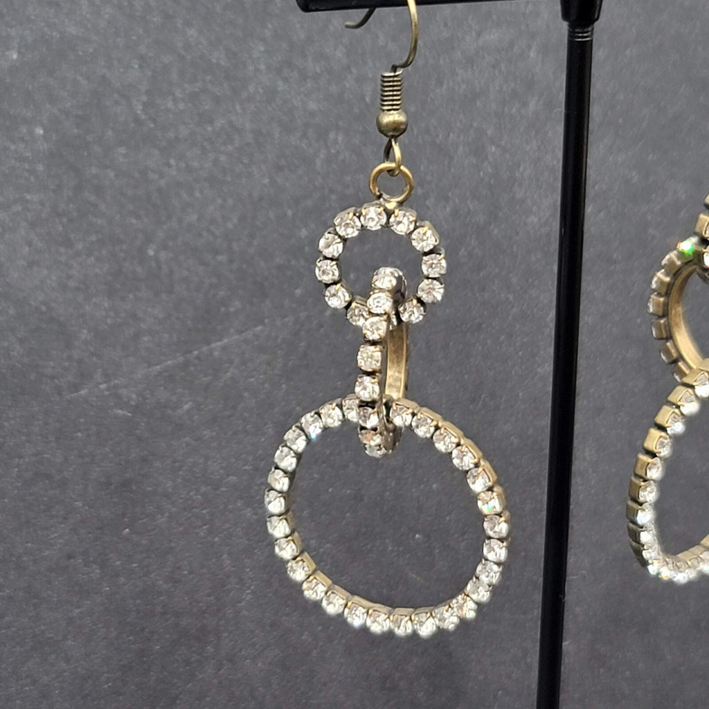 Pierced Earrings Bronze tone Concentric Circles Crystal Studded Dangle  2"