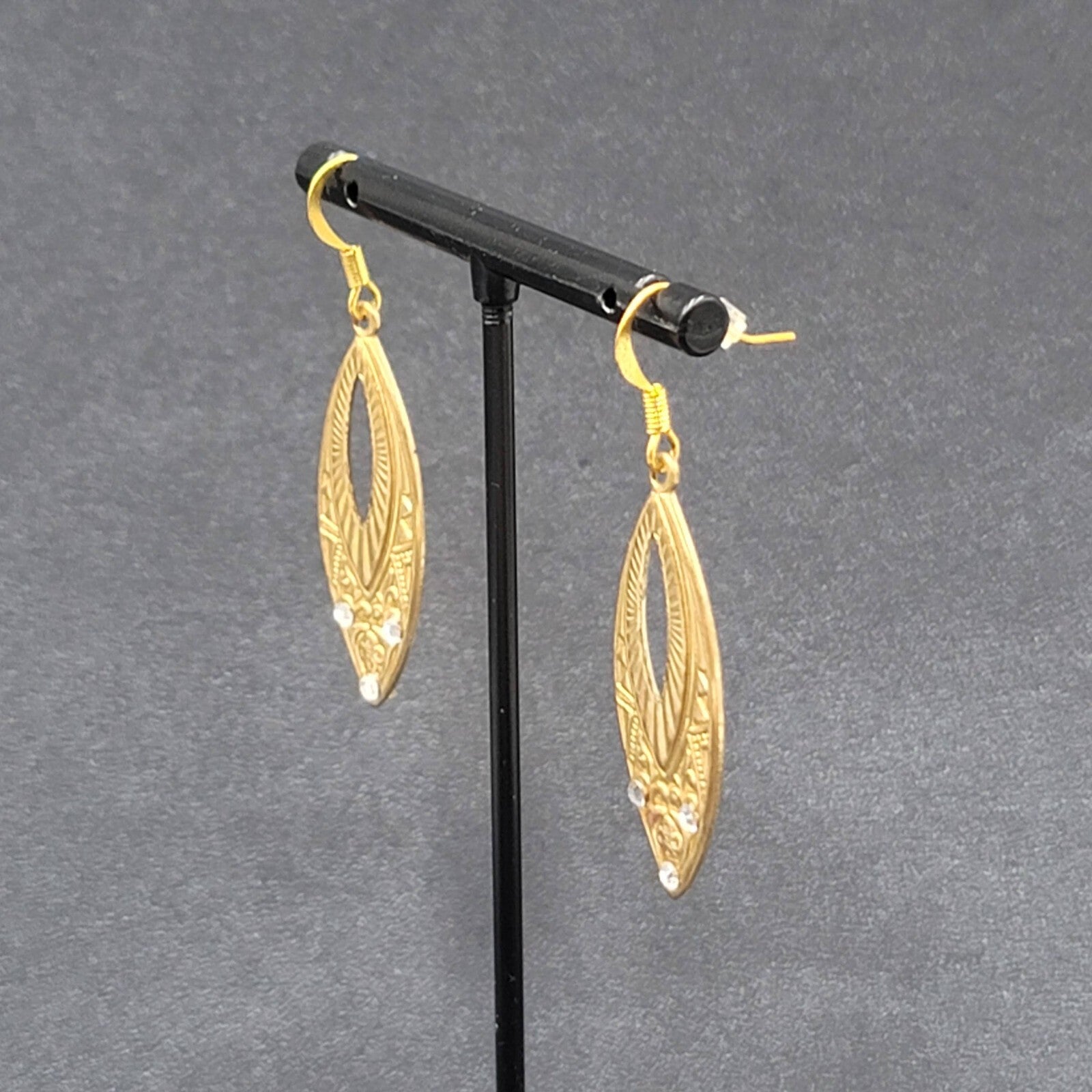 Pierced Earrings Gold tone Rhinestone Dangle 1.5"