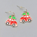 Christmas Tree Red Car Enamel Pierced Earrings Silver tone Dangle  3/4"