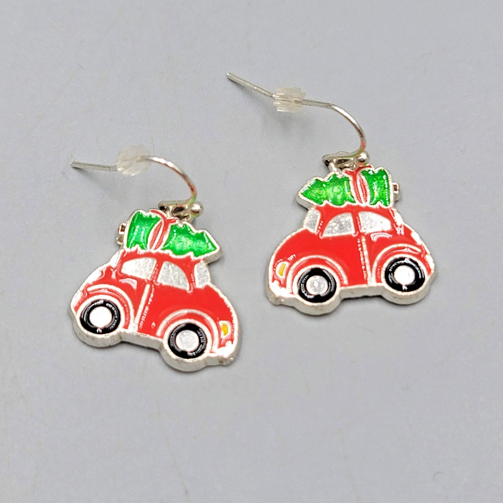 Christmas Tree Red Car Enamel Pierced Earrings Silver tone Dangle  3/4"