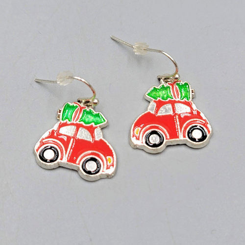 Christmas Tree Red Car Enamel Pierced Earrings Silver tone Dangle  3/4"