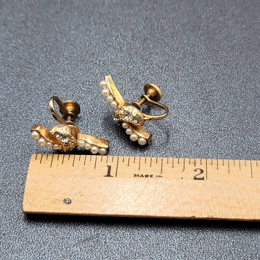 Vintage Clip on Earrings Gold tone Rhinestone Drop 7/8"