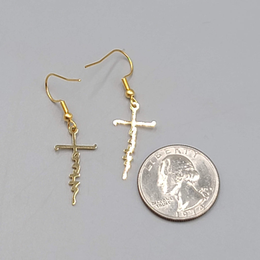 Faith Cross Pierced Earrings Gold tone Dangle 1"