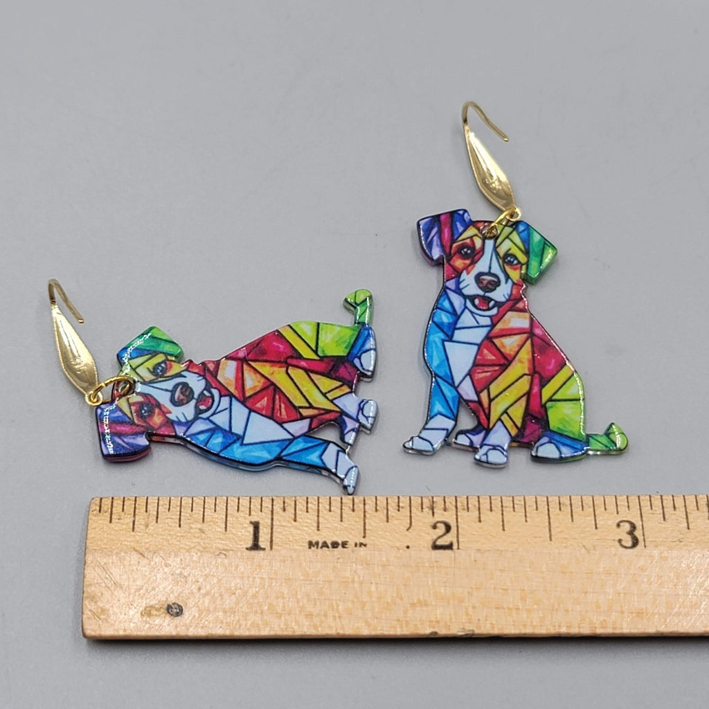 Mosiac Dog Pierced Earrings Multicolor Acrylic Dangle Gold tone Hook 1.5"