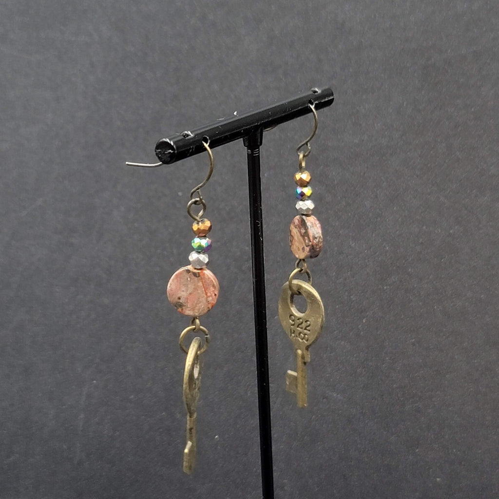 KEY Pierced Earrings Antiqued Gold tone Agate Stone Bead Dangle 2.25"