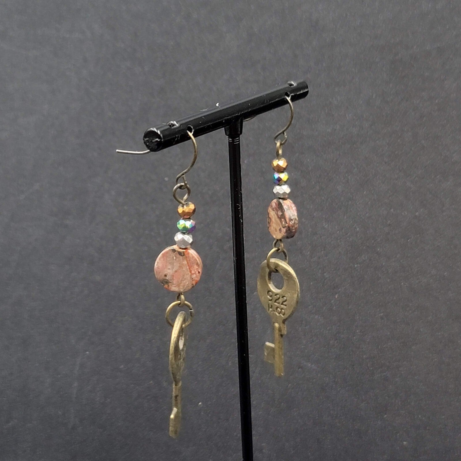 KEY Pierced Earrings Antiqued Gold tone Agate Stone Bead Dangle 2.25"
