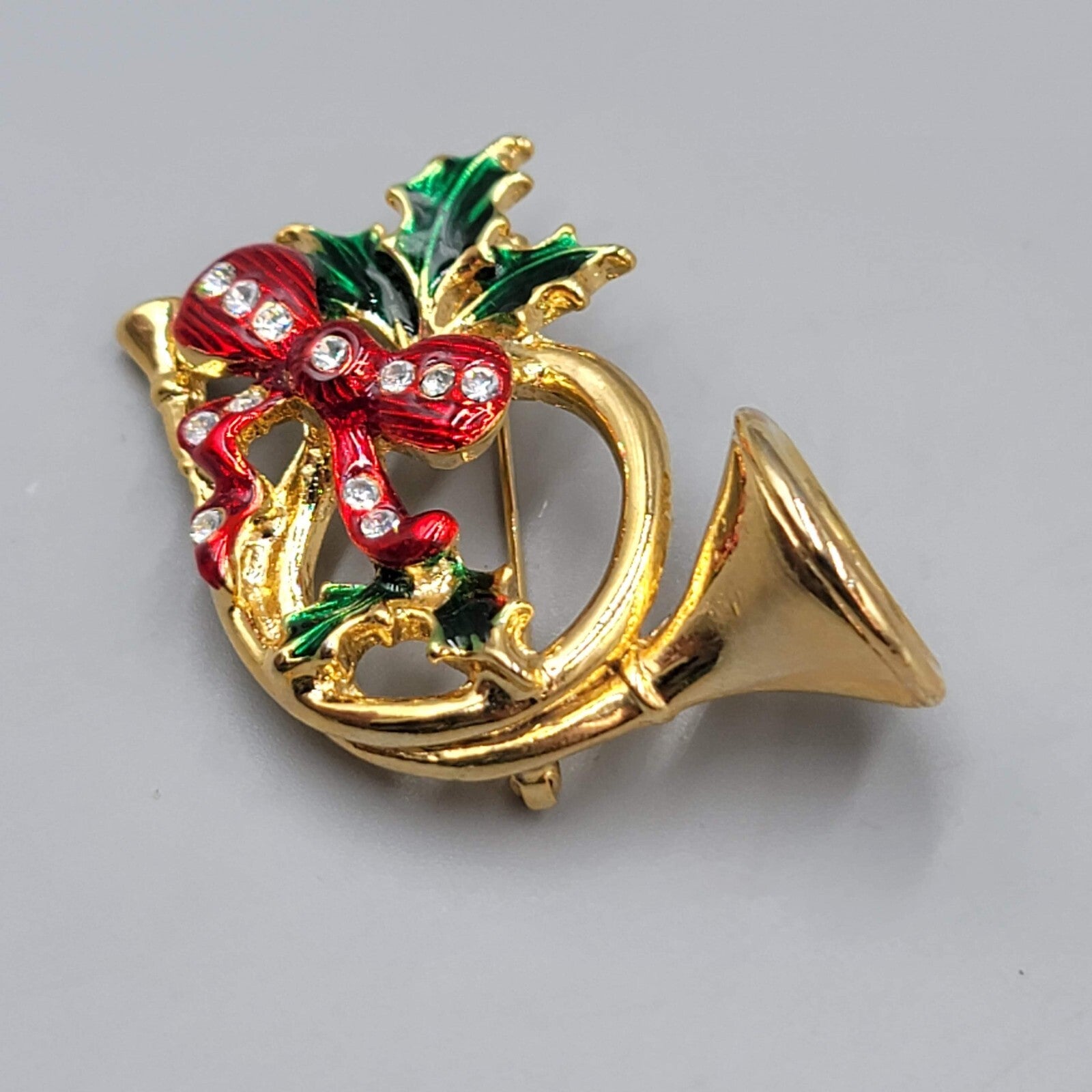 Vintage Christmas Brooch French Horn Enamel Rhinestone Gold Plated 1.75"