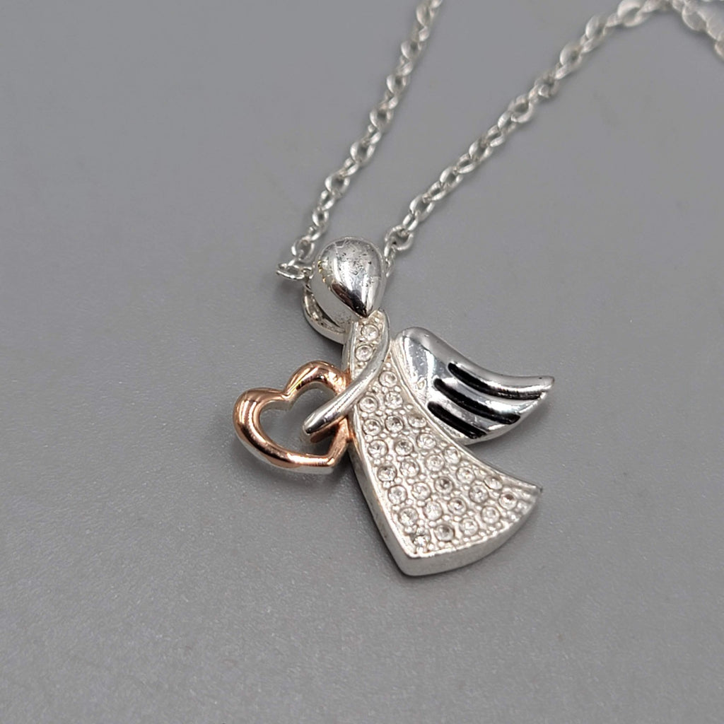 Angel Pendant Crystal Gold Plated Heart Necklace Silver Plated 18"