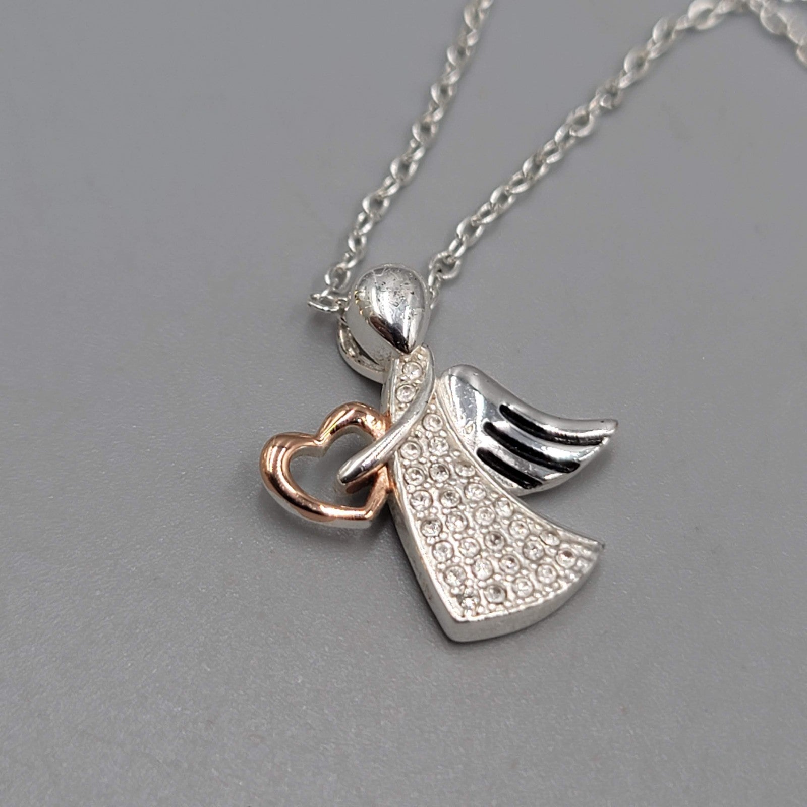 Angel Pendant Crystal Gold Plated Heart Necklace Silver Plated 18"