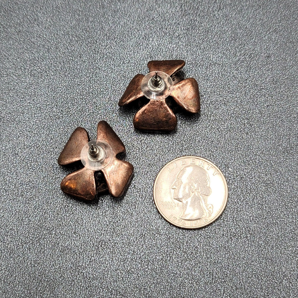 Flower Pierced Earrings Copper tone Rhinestone Drop 1"