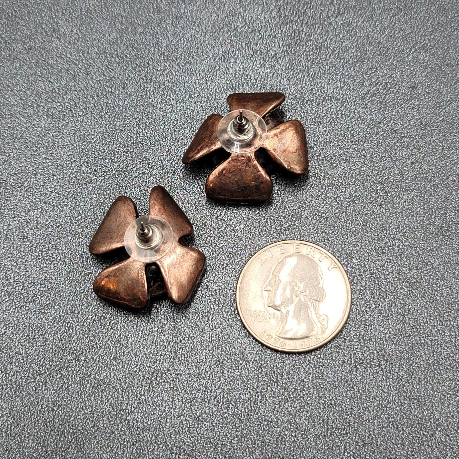 Flower Pierced Earrings Copper tone Rhinestone Drop 1"