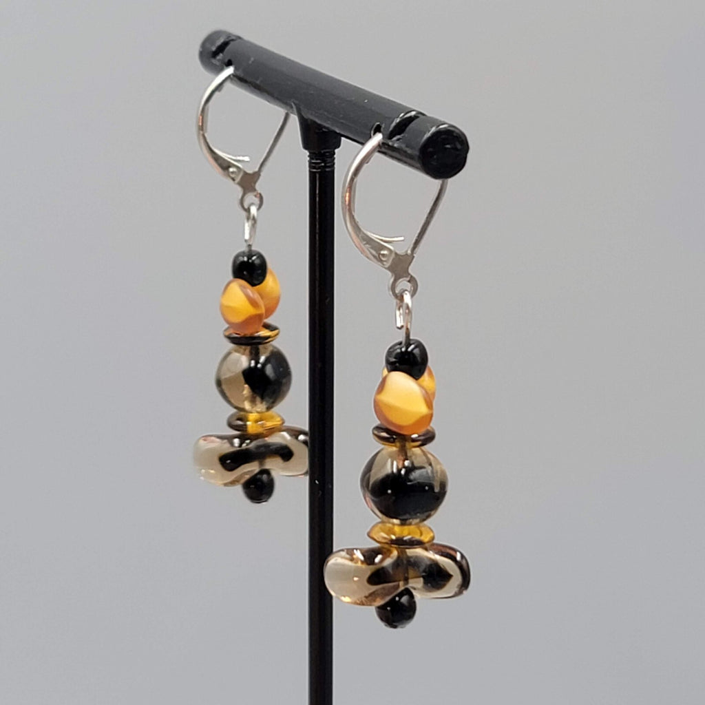 Glass Bead Pierced Earrings Variegated Browns Leverback Dangle Silver tone 1.25"