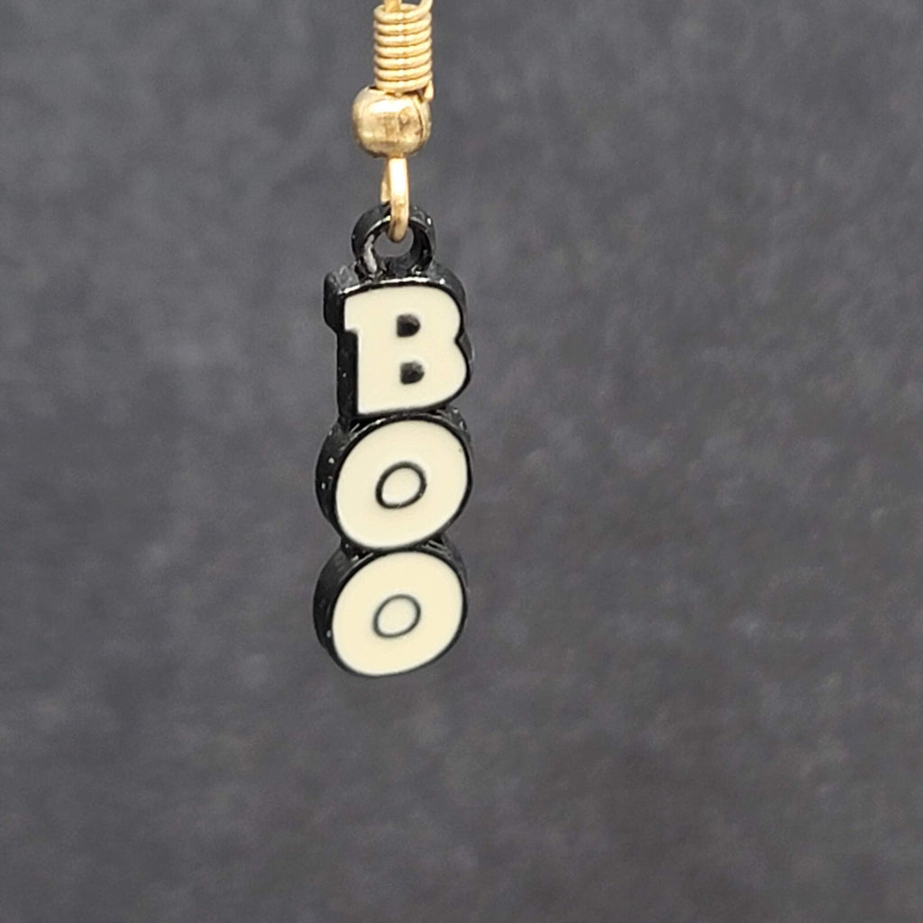 BOO Pierced Earrings Black Enamel Halloween Dangle Gold tone 7/8"