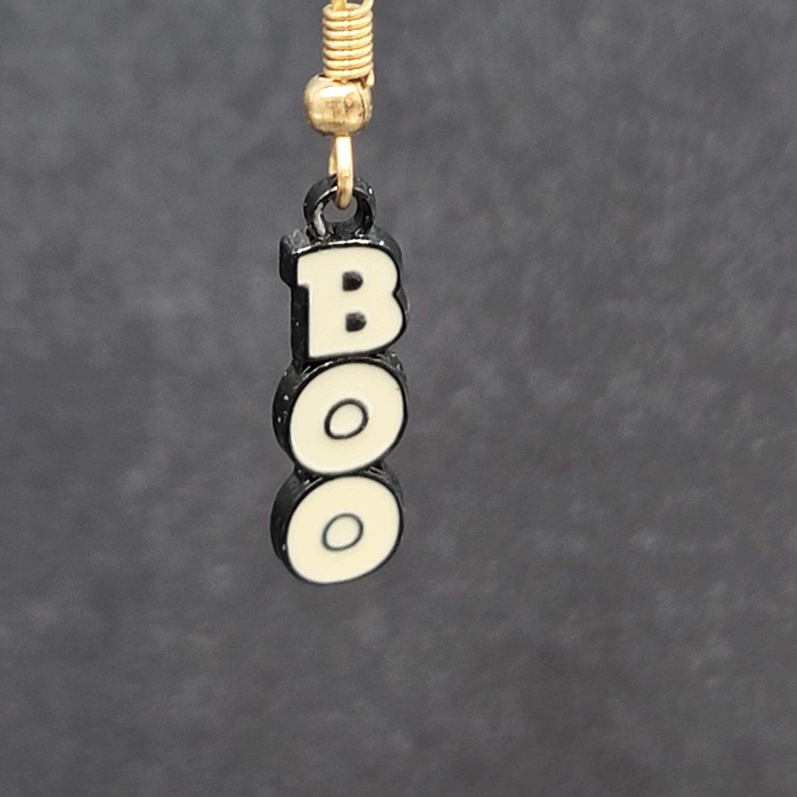BOO Pierced Earrings Black Enamel Halloween Dangle Gold tone 7/8"