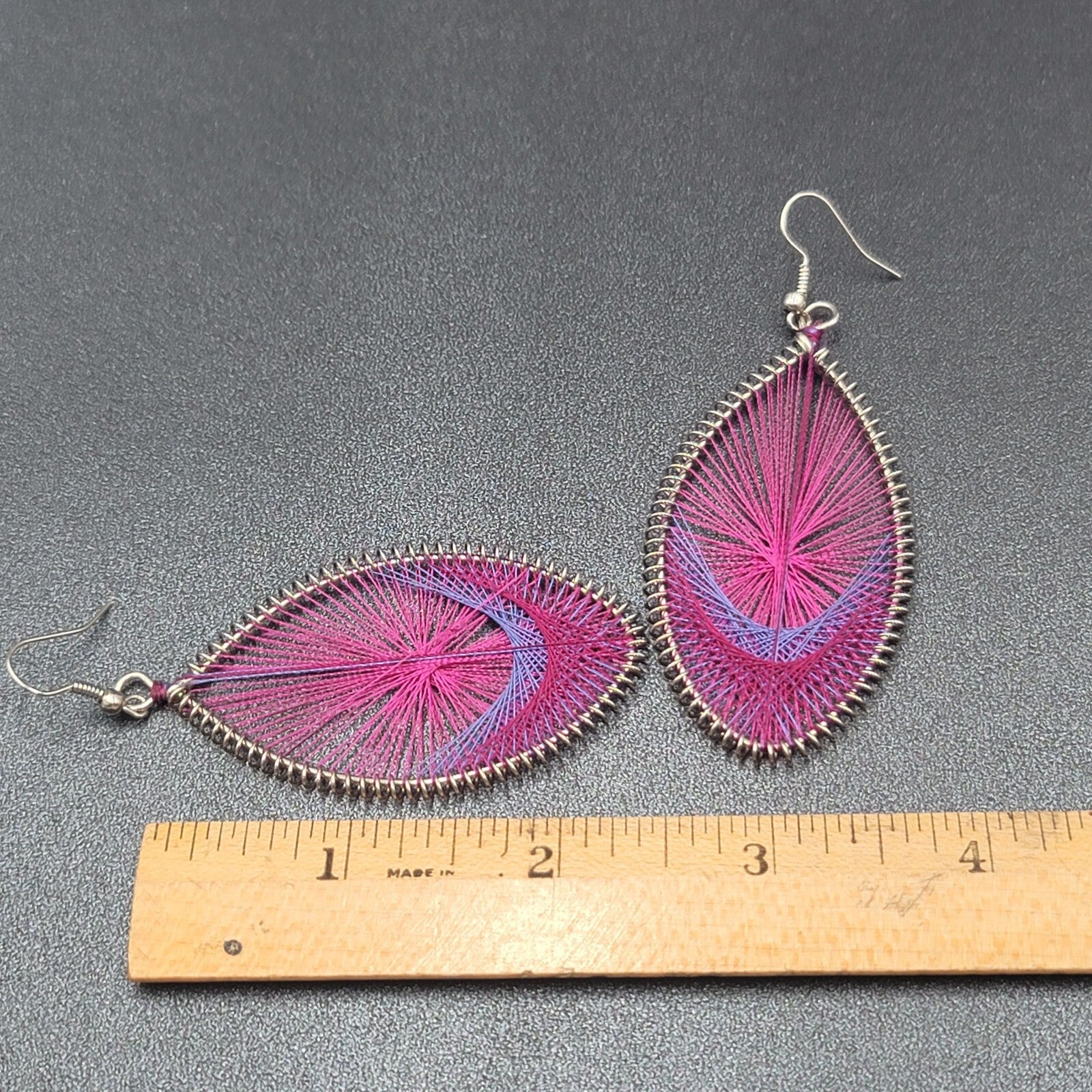 Pierced Earrings Silver tone Pink Purple String Art Dangle 2.5"
