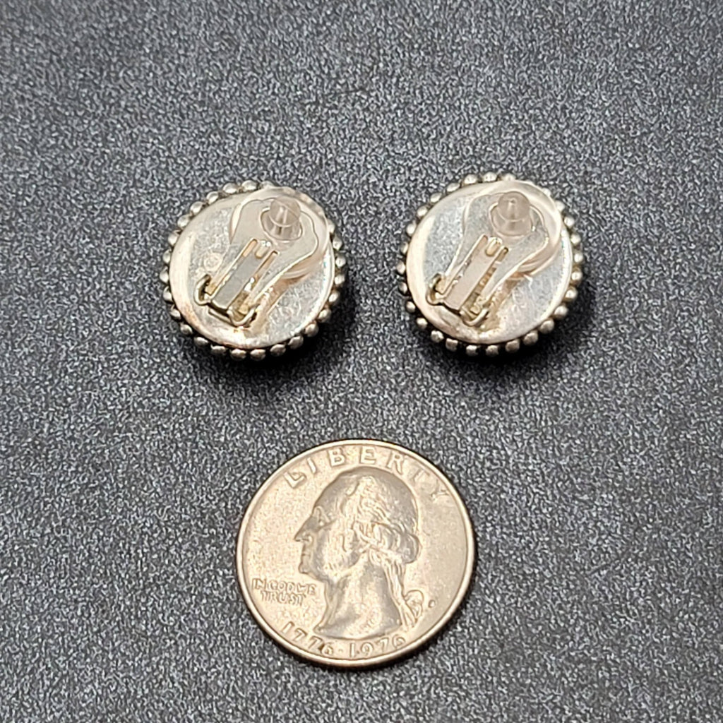 Vintage Clip on Earrings Silver Plated Black Stone Cabochon Studs 3/4"