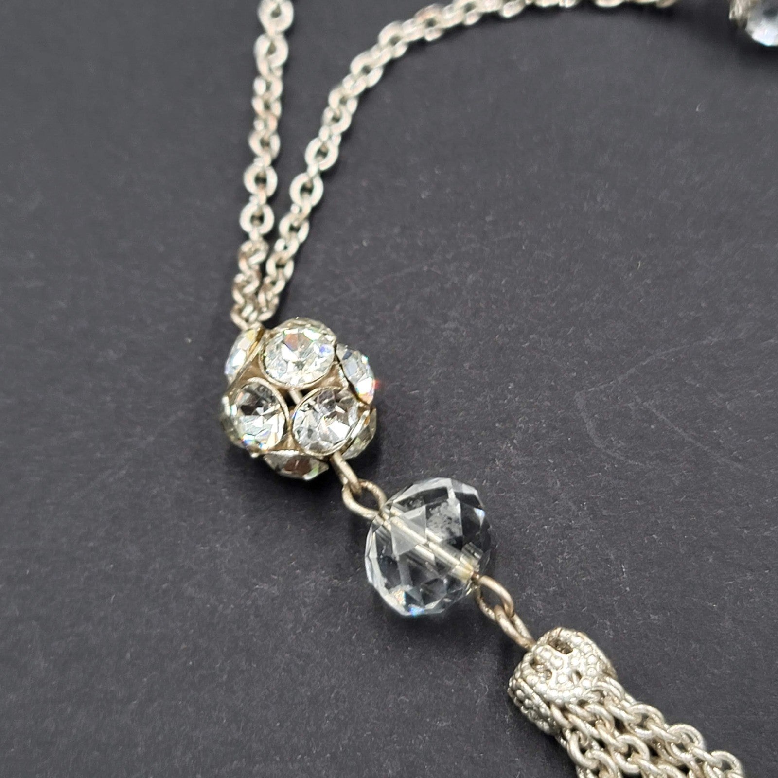 Long Chain Tassel Necklace Silver tone Rhinestone Accent 28"
