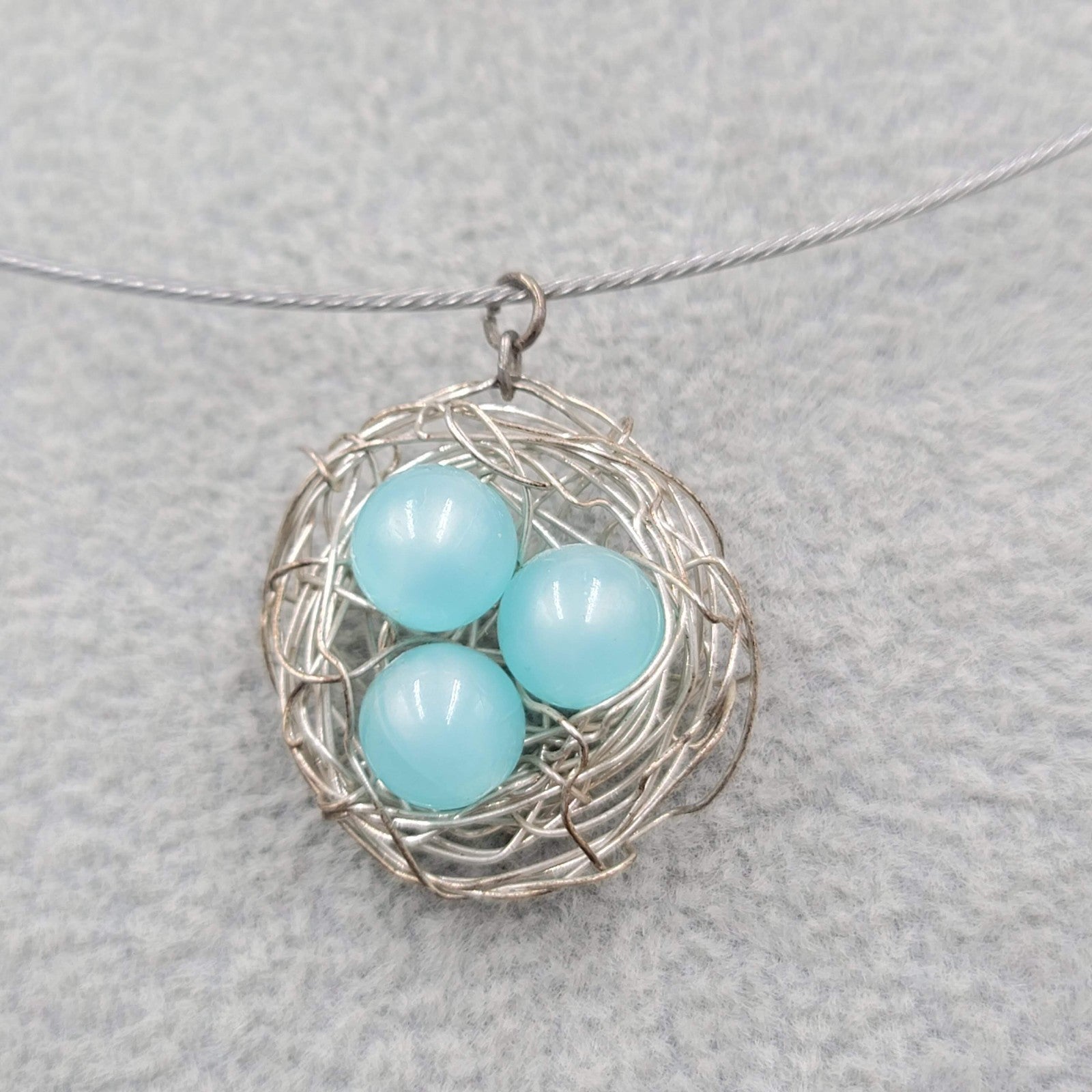 Birds Nest Pendant Necklace Blue Moonglow Beads Silver tone Wire 18"