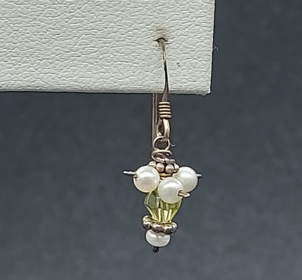 Pierced Earrings Silver tone White and Yellow Glass Beaded Dangle 1/2"