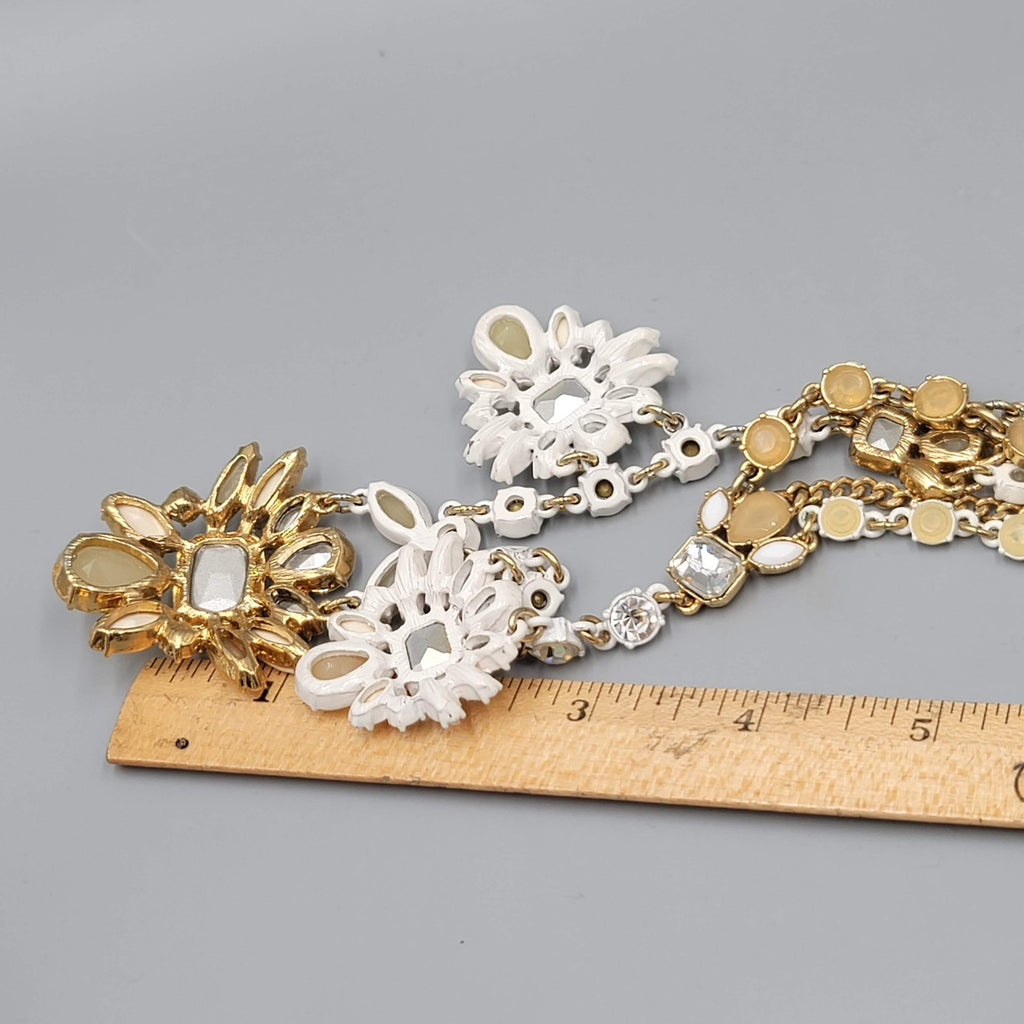 Ann Taylor Statement Bib Necklace Gold Tone Crystal Flower Enamel Adj 18-20"