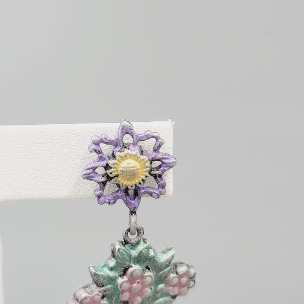 Vintage Don Lin Pierced Earrings Flower Bouquet Dangle 2.5"
