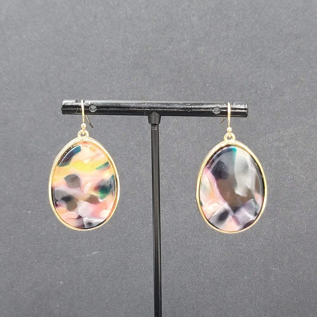 Pierced Earrings Gold tone Confetti Acrylic Teardrop Dangle 1.25"