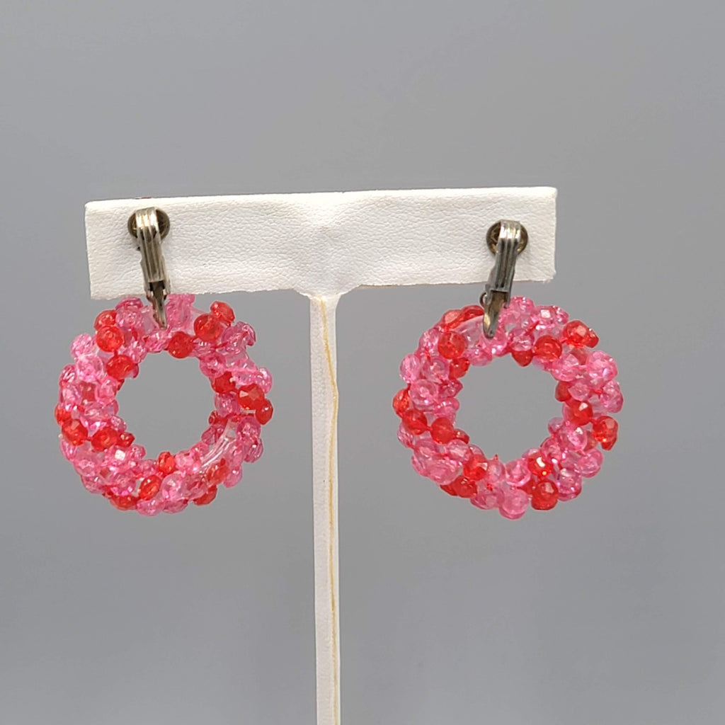 Vintage Pink Bead Wreath Clip on Earrings Dangle 2"