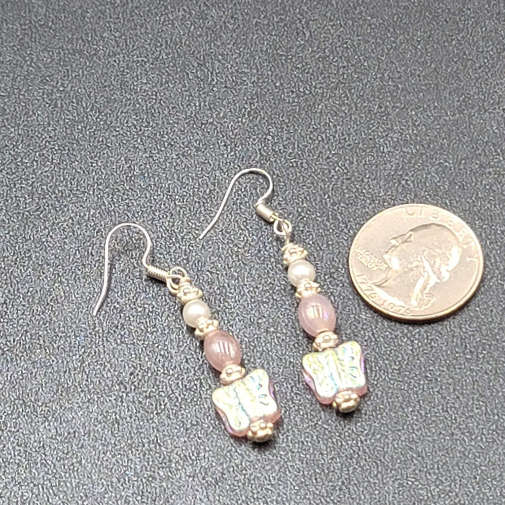 New Pierced Earrings Silver tone Iridescent Butterfly Bead Dangle Pink 1.5"