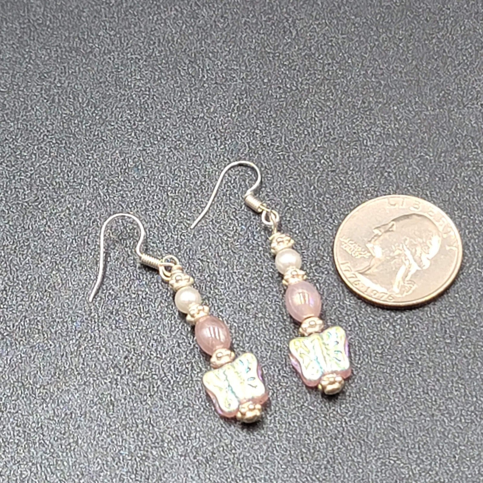 New Pierced Earrings Silver tone Iridescent Butterfly Bead Dangle Pink 1.5"